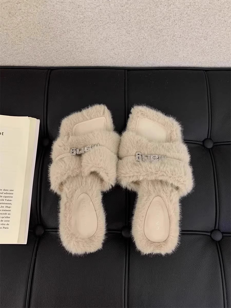 Fuzzy Diapositive Sandales Femmes Automne Extérieur Porter Français Style Strass Fuzzy Chaussures Bloc Il