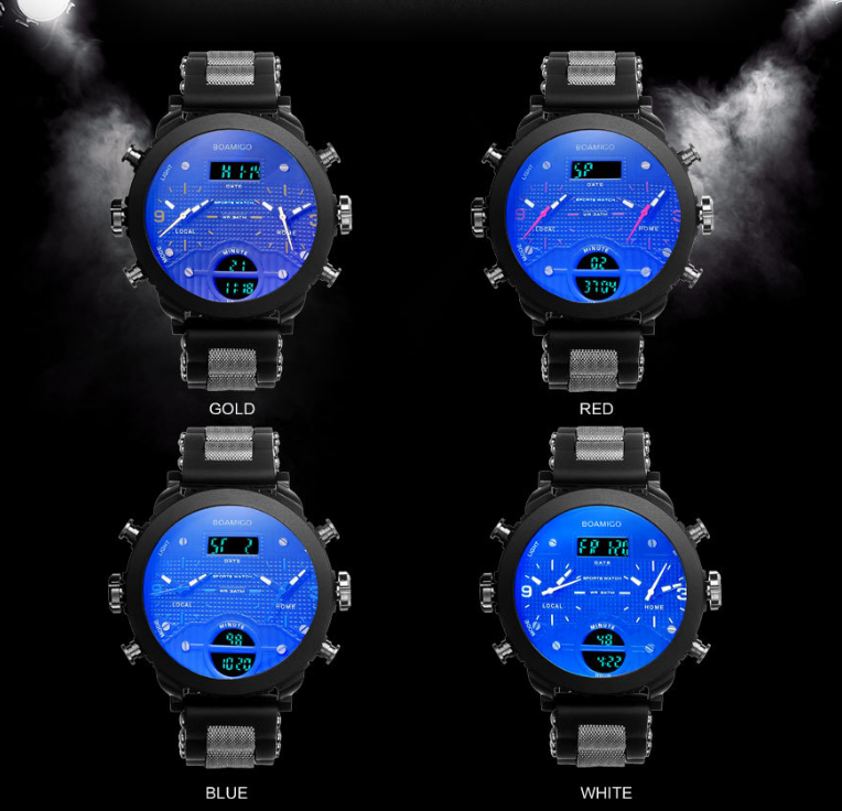 Montre électronique à quartz montre à double affichage 3 fuseaux horaires montre étanche