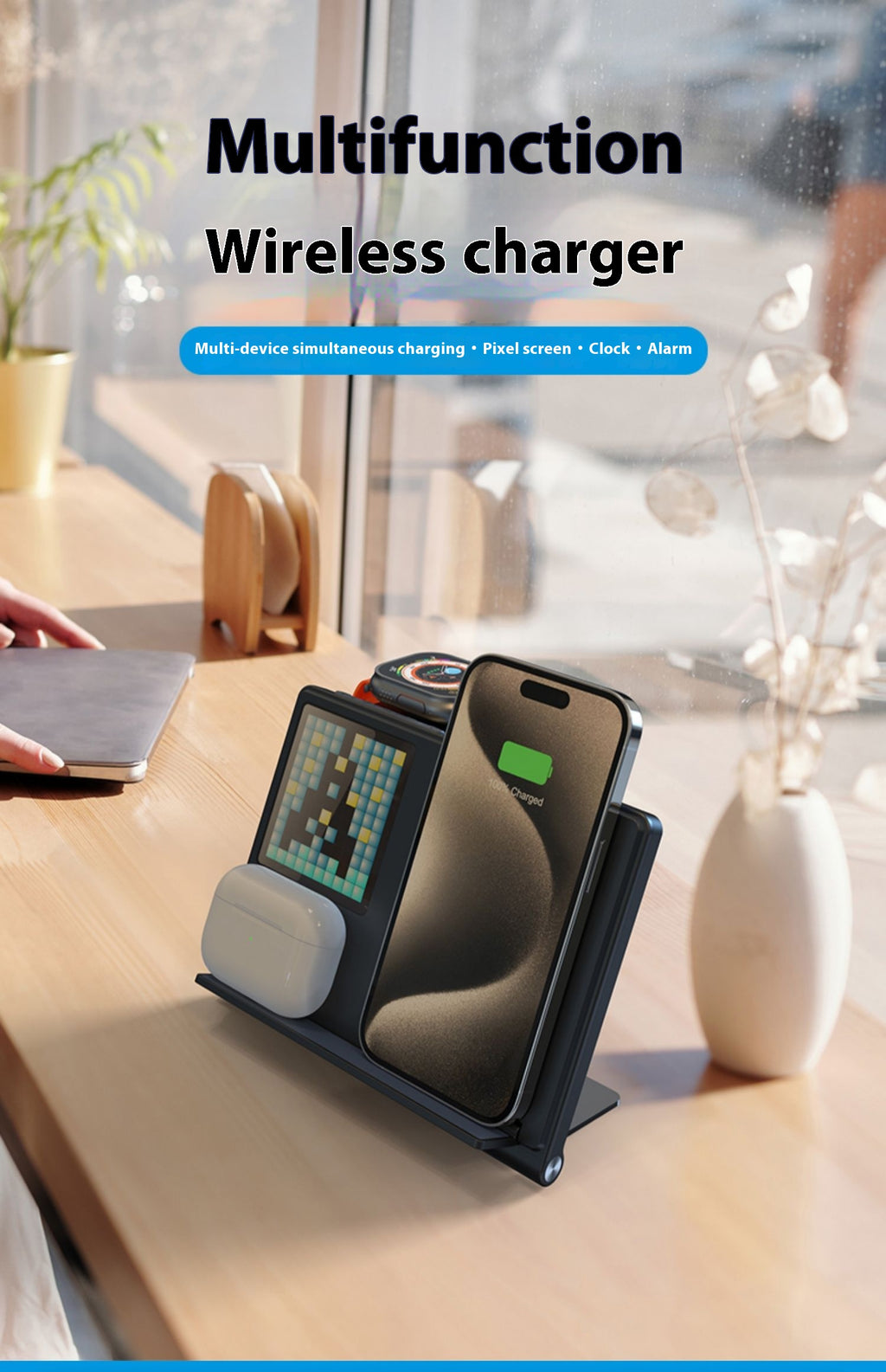 Chargeur numérique d'horloge magnétique pliant sans fil cinq en un