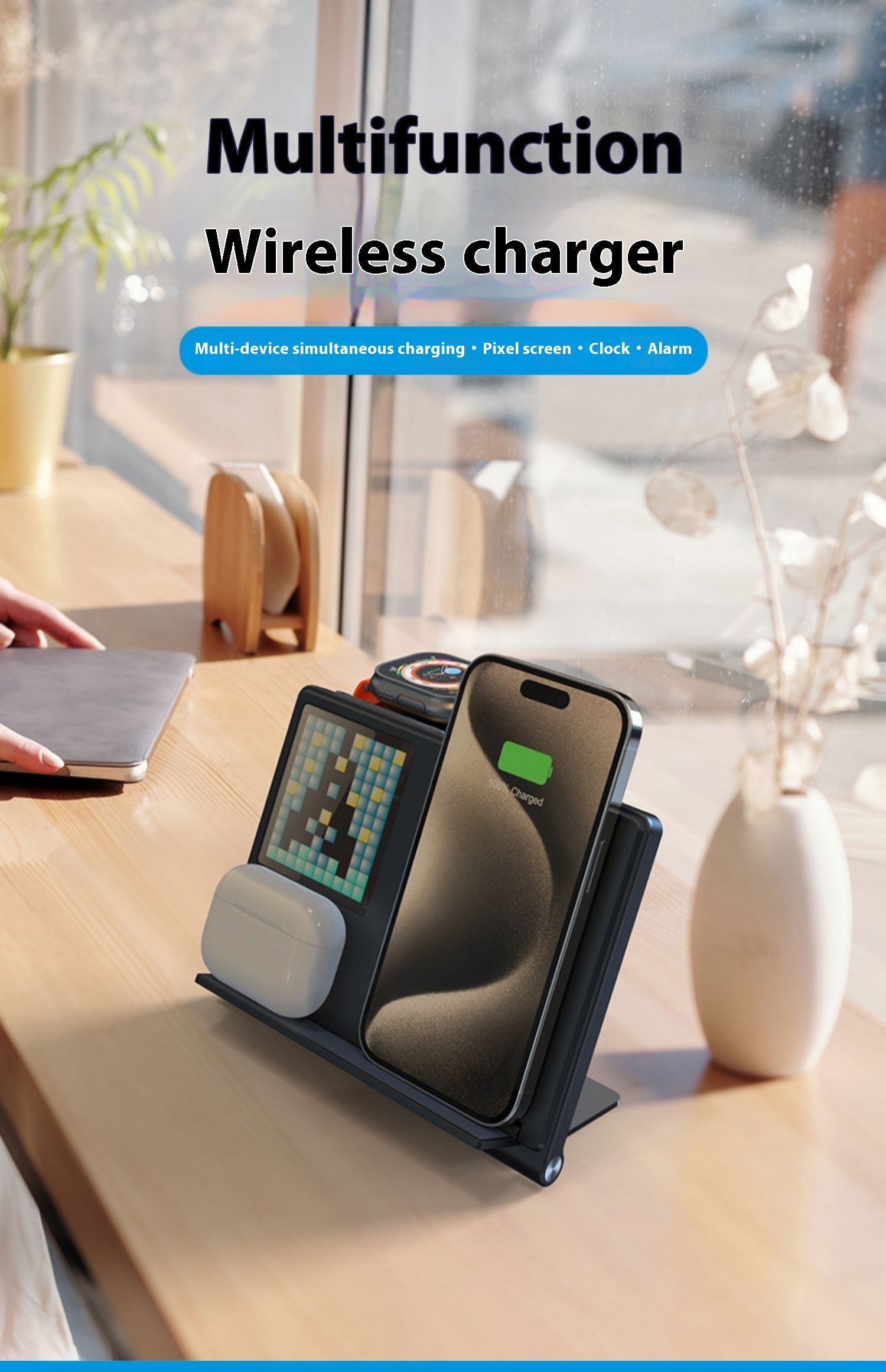 Chargeur numérique d'horloge magnétique pliant sans fil cinq en un