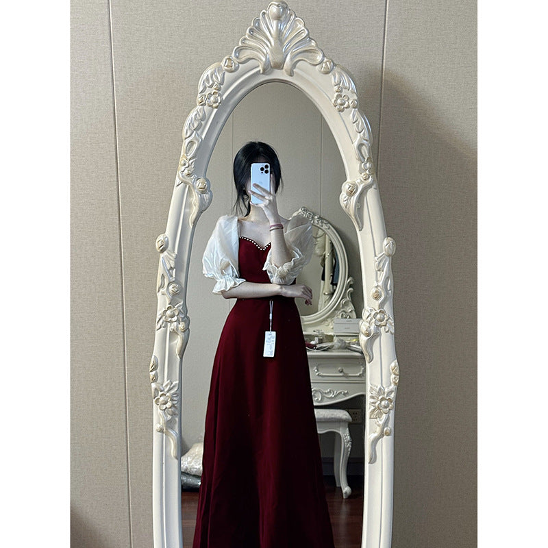 Petit Vin Plus Taille Puff Rouge Manches Princesse Robe de soirée de haute qualité