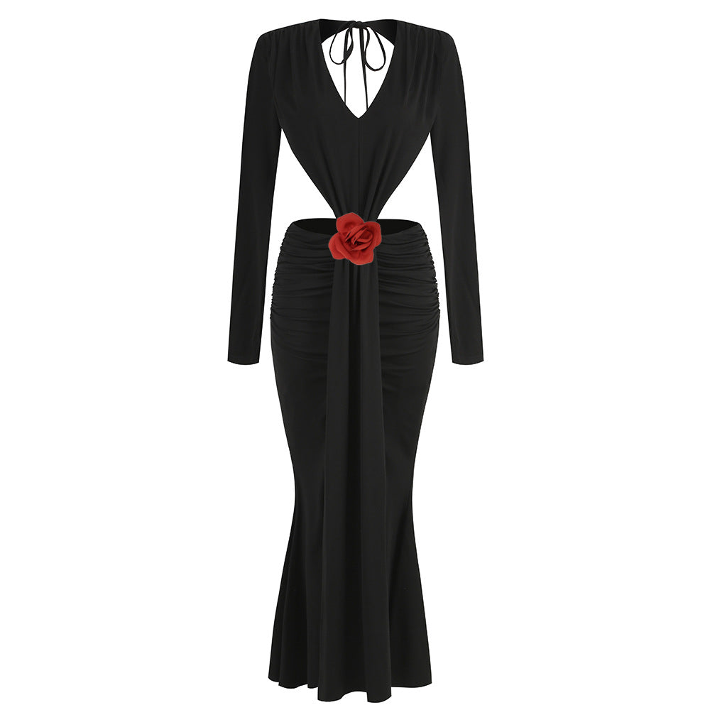 Sexy Col en V manches longues sans dos taille de jupe fleur décorative Split robe de queue de poisson