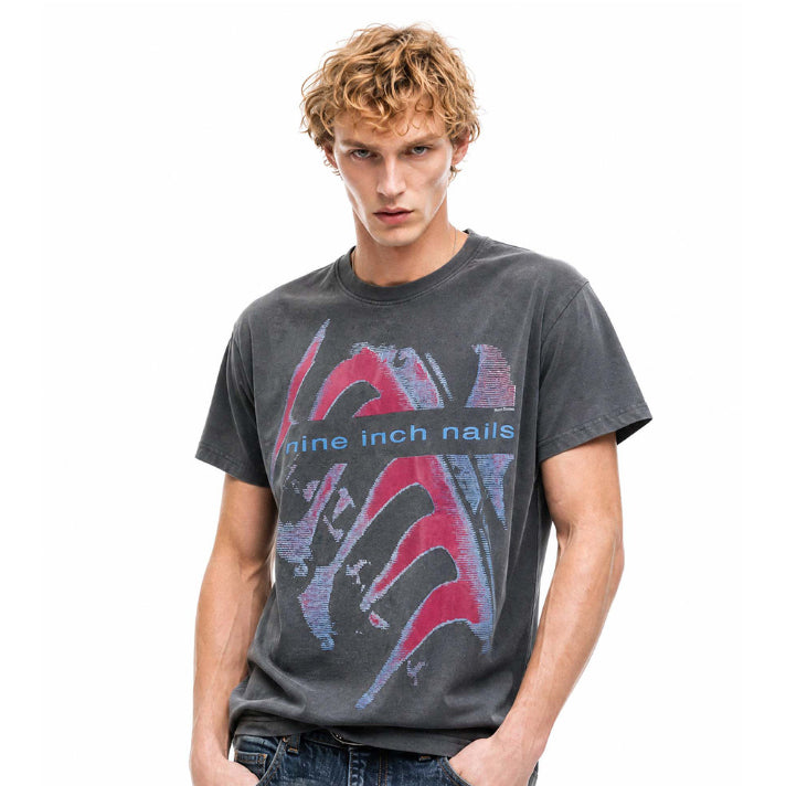 Style américain Vintage Lavé-et-détresse imprimé Relaxed-fit manches courtes