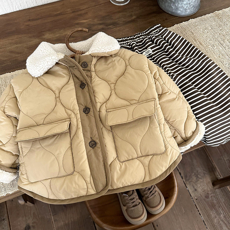 Style coréen Collier en fourrure d'agneau doublée de polaire Épaisseur coton rembourré Mode de manteau