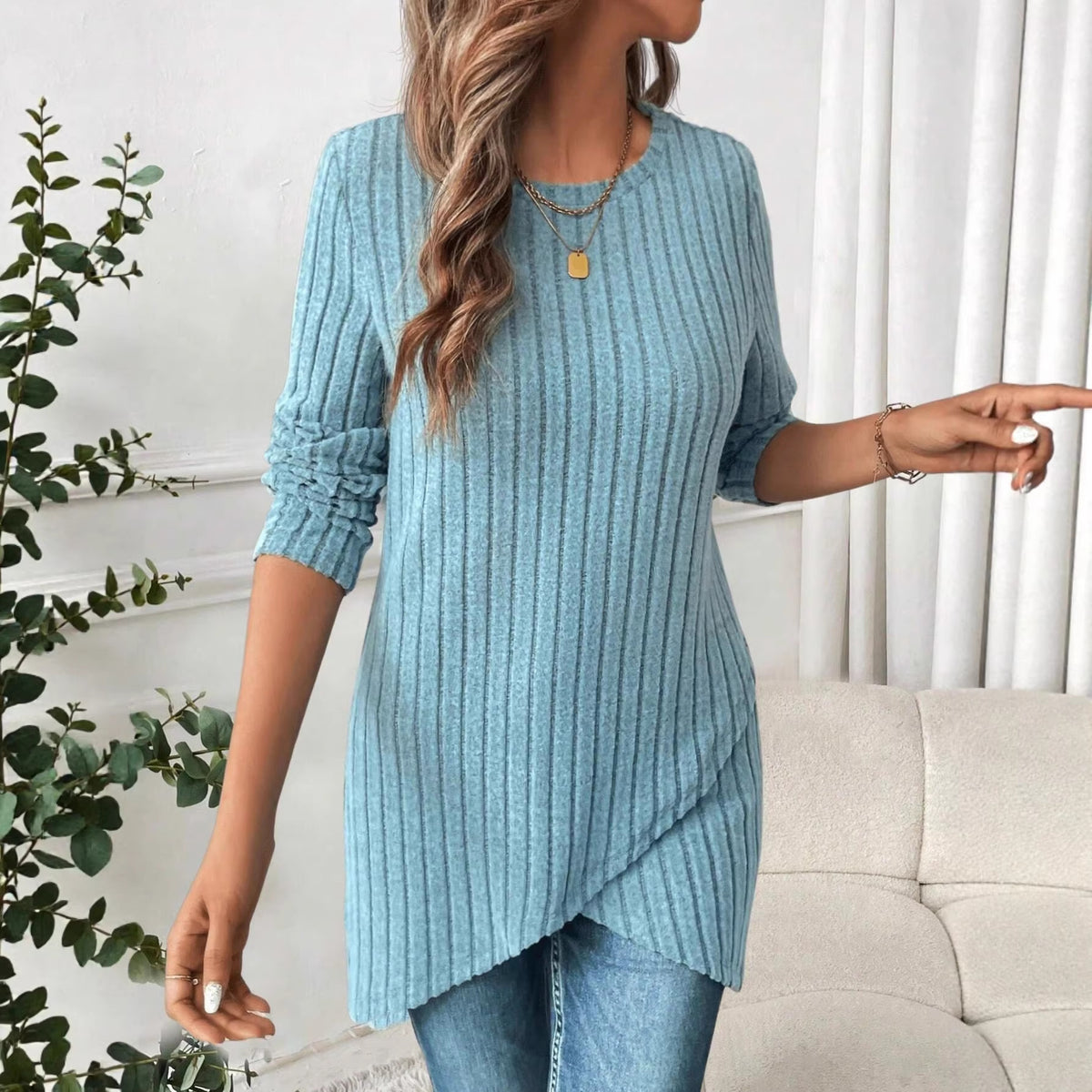 Women's European and American Style Round Neck Casual Long Sleeve Top