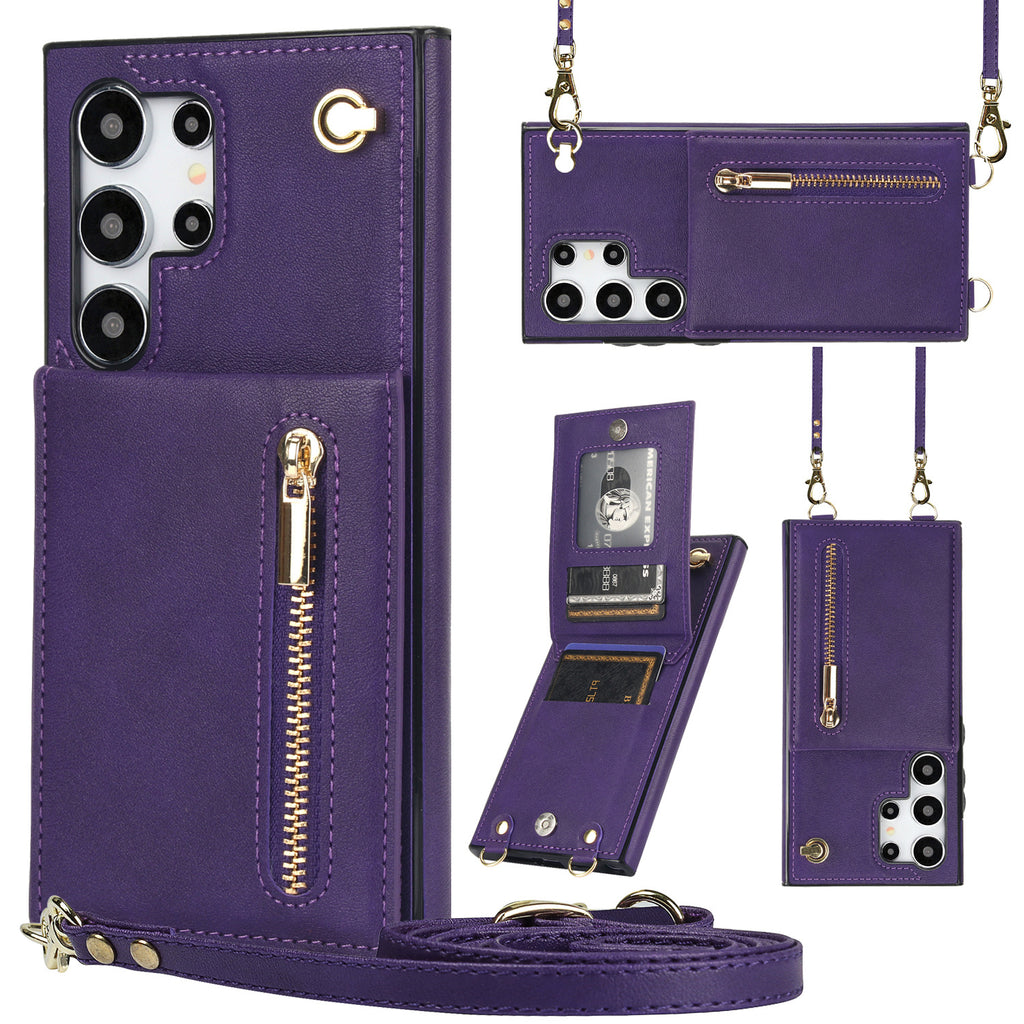 Card Crossbody Zipper Coque de téléphone en cuir