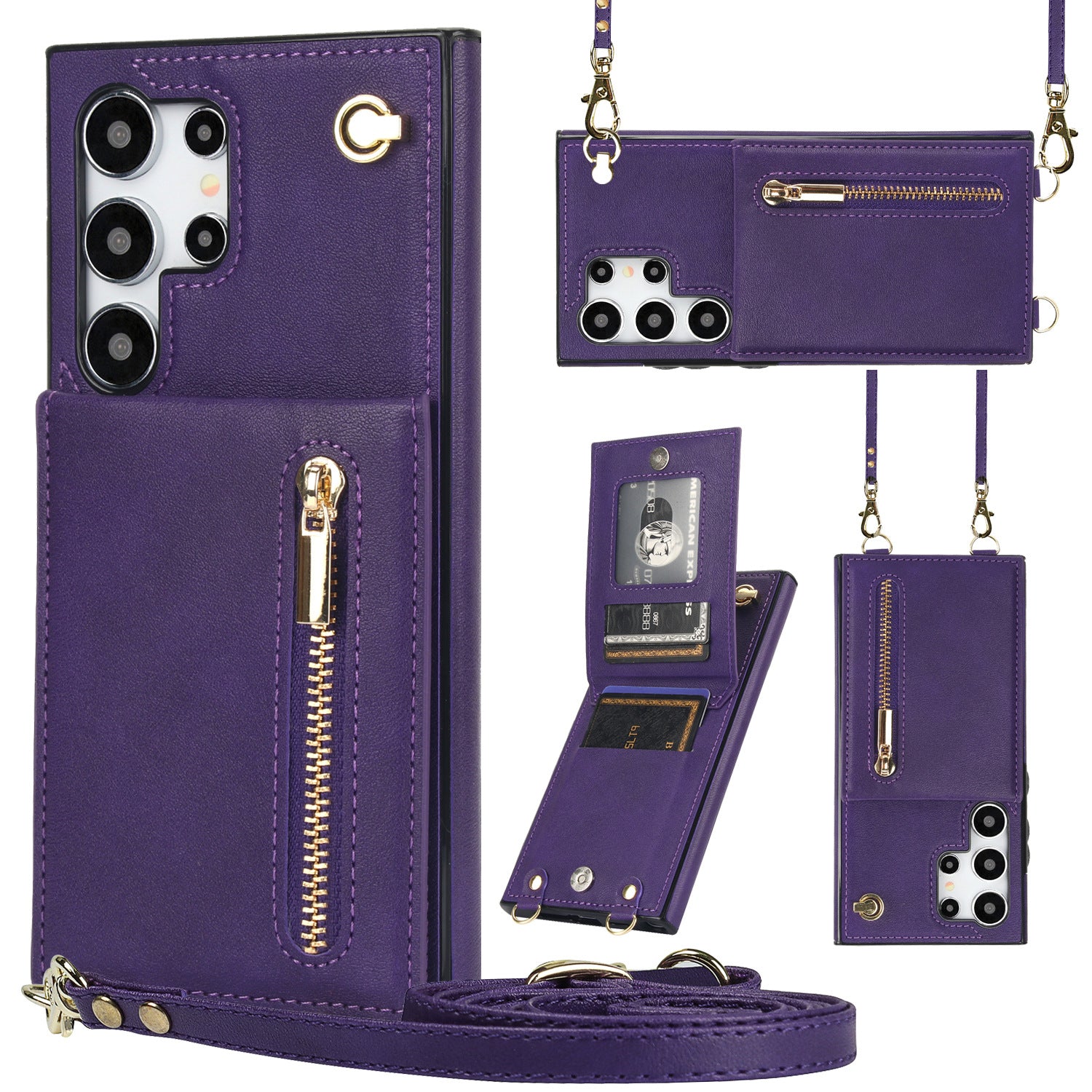 Card Crossbody Zipper Coque de téléphone en cuir