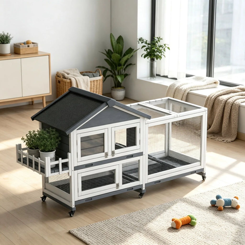 Gris 65" Spacieuse Hutch en bois de lapin: Pet Playpen avec toit ouvert pour un accès facile et St
