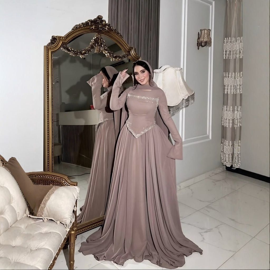 Élégante robe du soir à manches longues en Strass