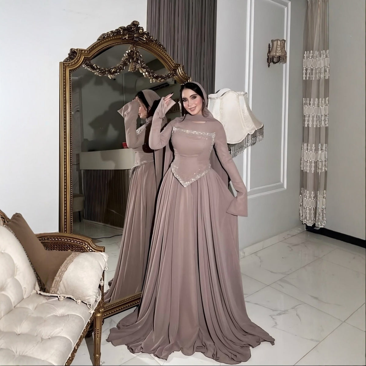 Elegant long-sleeved rhinestone evening gown