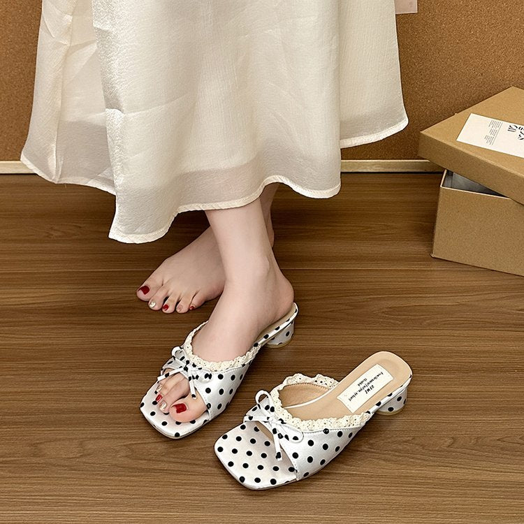 Femmes Carré Toe Polka Dot Bow Chunky Talon Slippers Summer Outdoor Wear polyvalent