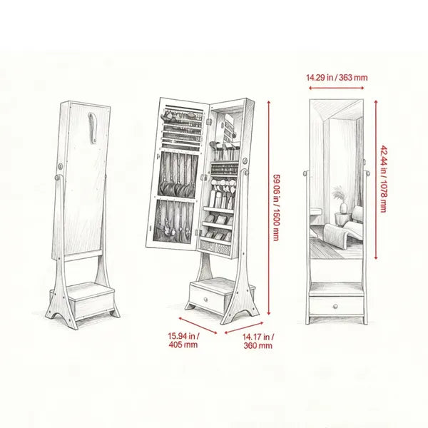 Cabinet à bijoux de style vintage avec 3 étagères et rangement pliable