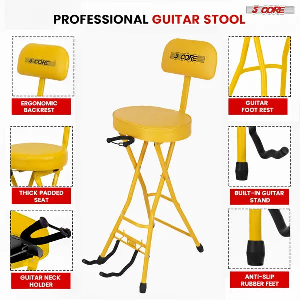 5 Core 3.15" Guitar Stool Padded Chair W Backrest Foldable Music Seat Built in Foot Rest Gu