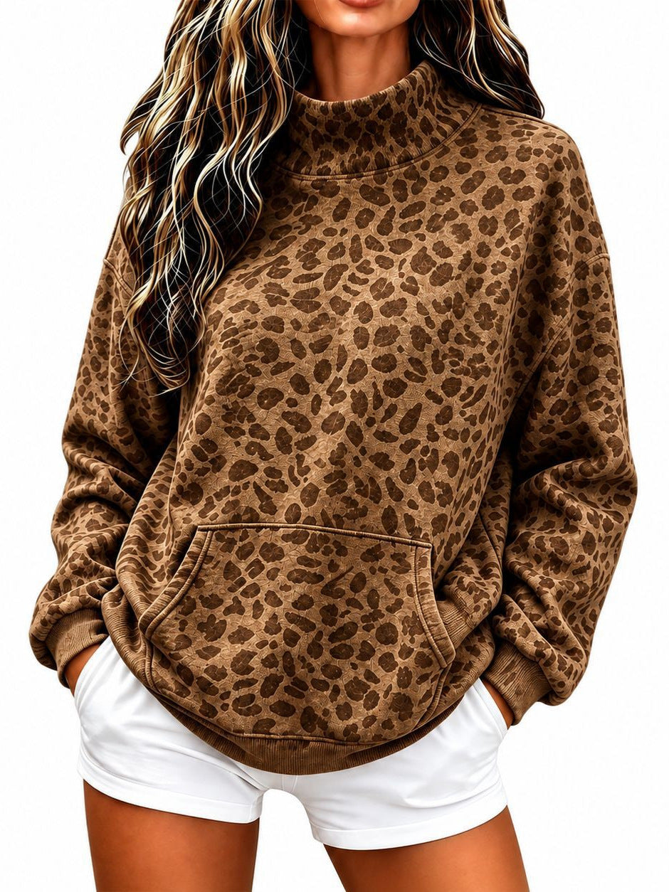 La mode européenne et américaine Leopard Imprimer Sweatshirt à col élevé pour les femmes