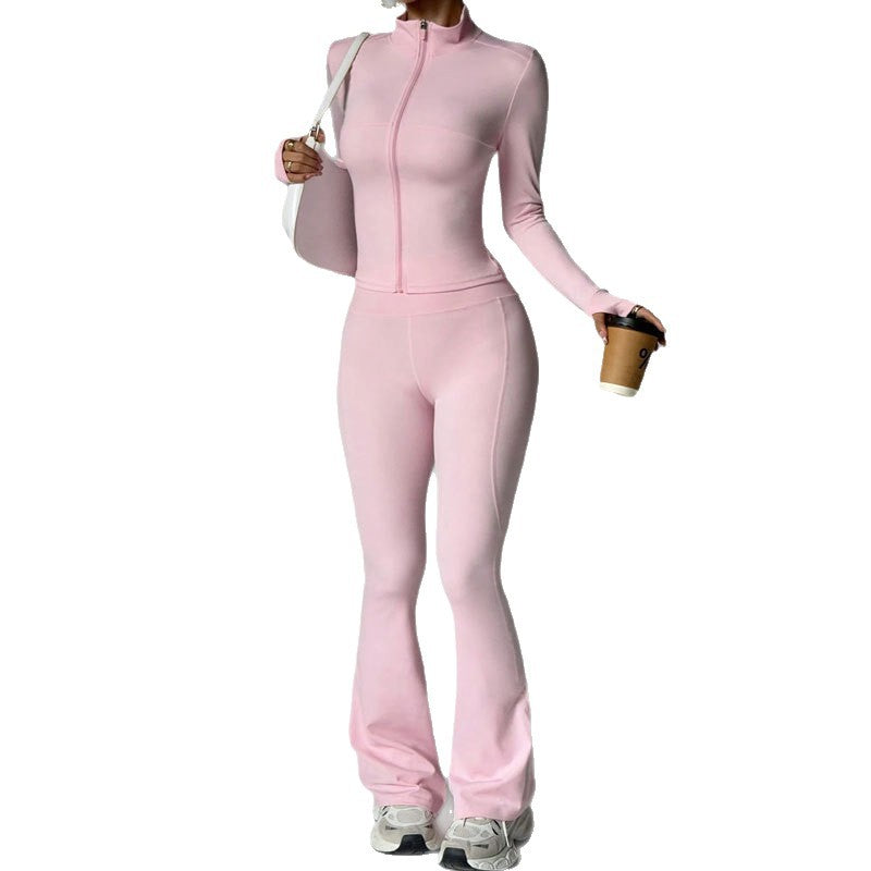 Femmes Solid-Color Casual Sports Yoga manches longues Zip-Up longue série