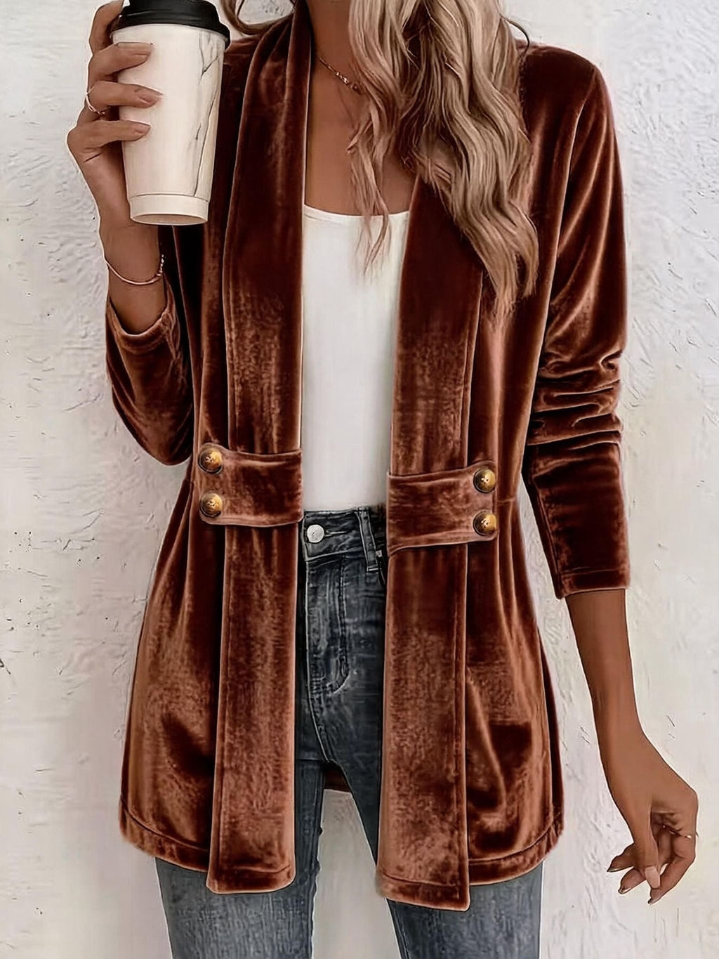 Femmes Velvet Ouvert Cardigan Avant Manches Longues Double Bouton Décor Vêtements de dessus Casual