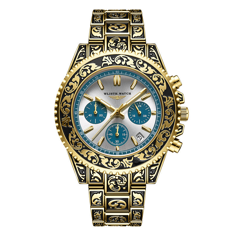 Vintage Engraving Quartz Multifunction Men's Watches