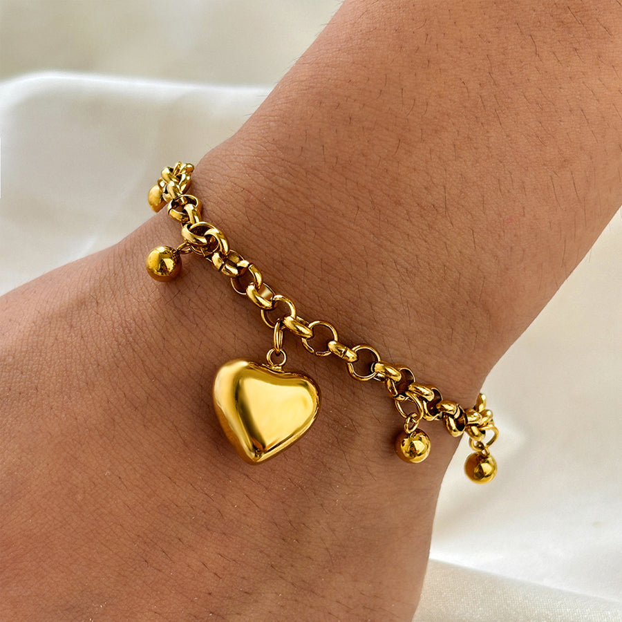 Femmes Gold Tone Puffy bracelet de charme coeur acier inoxydable pendentif coeur 3D avec dengling