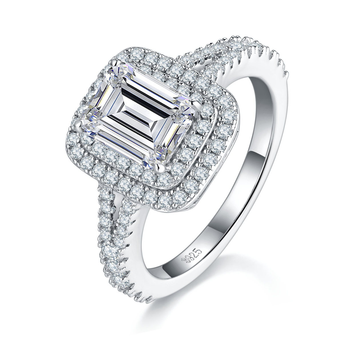 3 Carat Emerald Cut Moissanite Engagement Ring, Double Halo Split Shank S925 Silver Platinum Plated D Color VVS1 With GRA, US 5-9.