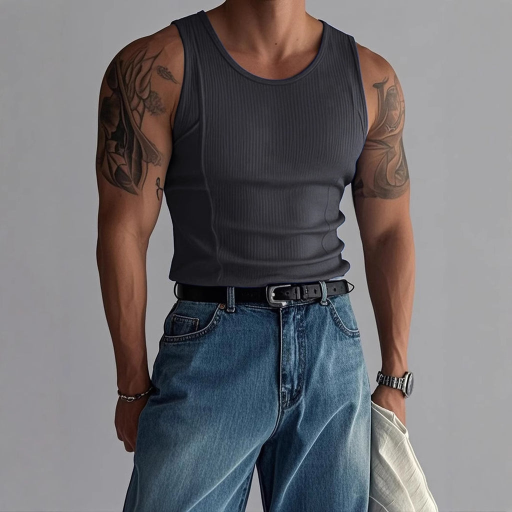 Hommes tricoté verticale-Stripe fitness Sports Casual Tank Top