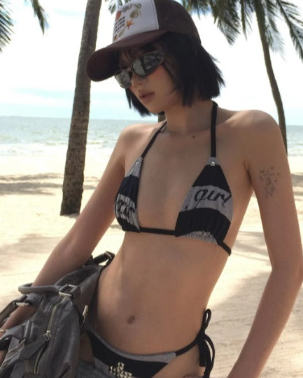 Ensemble de deux pièces de bikini sexy imprimé à la croix en Strass