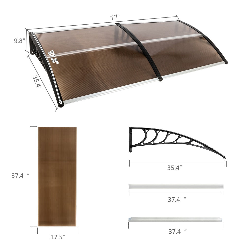 Auvent de porte 80x38in avec panneau en polycarbonate brun et support noir