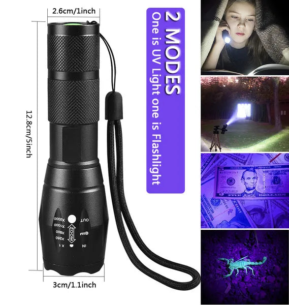 Lampe de poche UV LED Torche Zoomable Ultra Violet Noir Blanc Double détecteur de lumière
