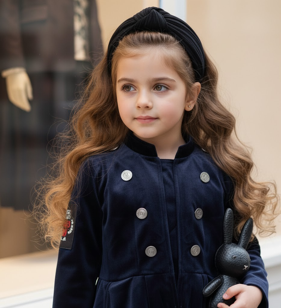Robe de trench en velours bleu marine vintage fille 3-4-5 Y