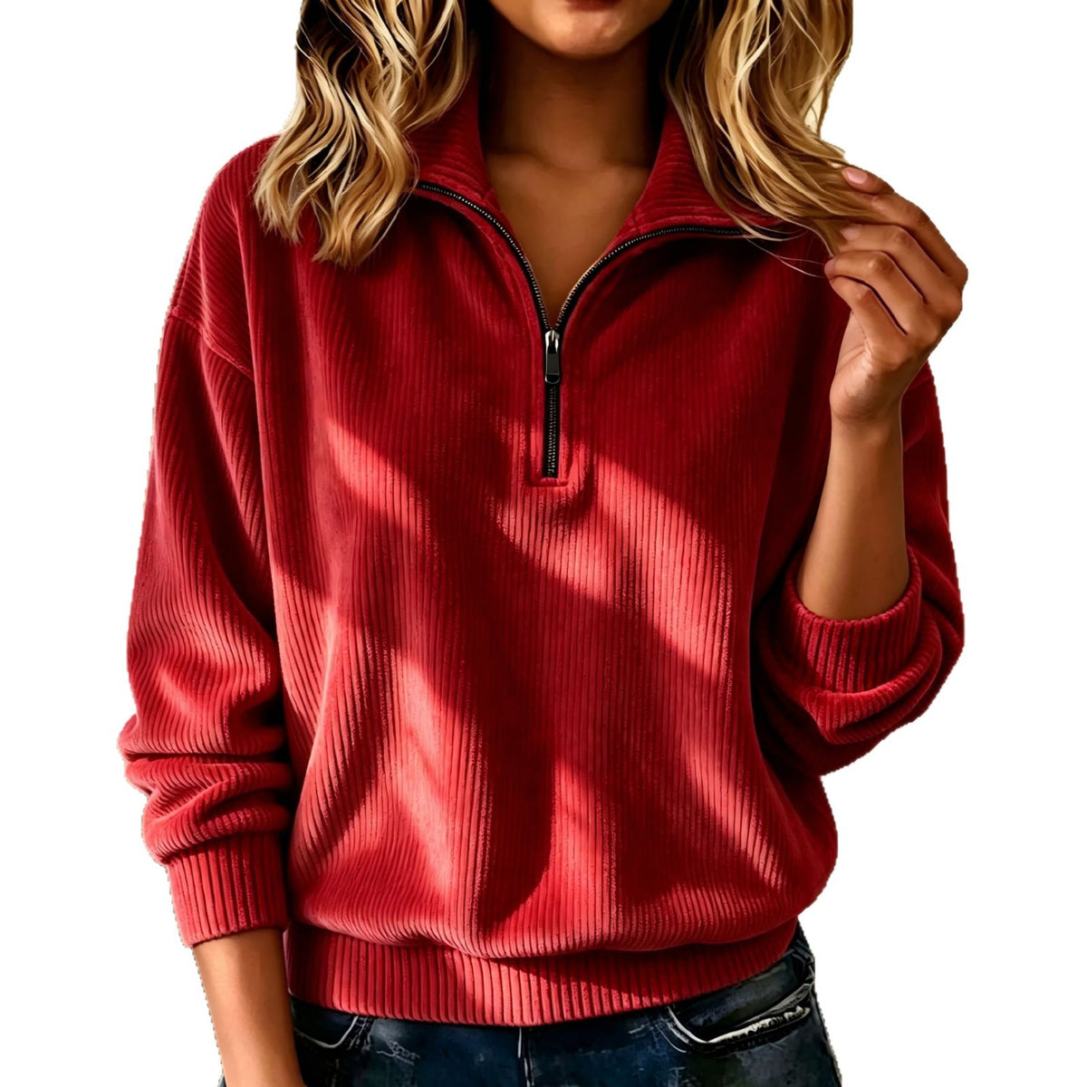 Pull de couleur solide pour femmes Zip-up