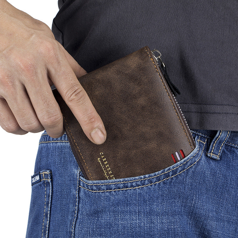 Portefeuille multifonction triple fermeture éclair courte et simple pour homme