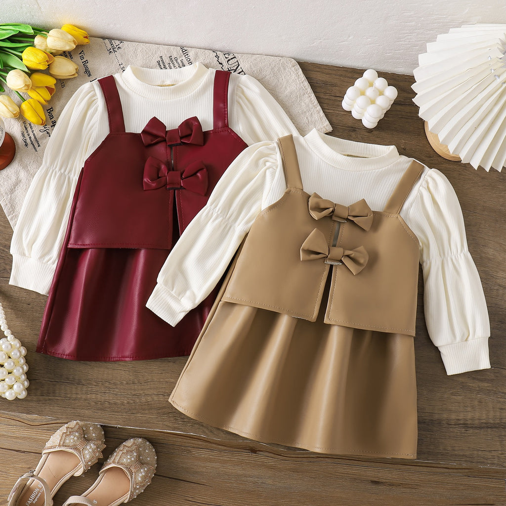 PU en cuir Princesse style manches longues Bow Tie Faux Ensemble deux pièces