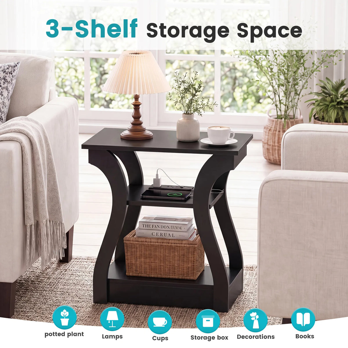Table de chevet 3-Tier avec station de recharge