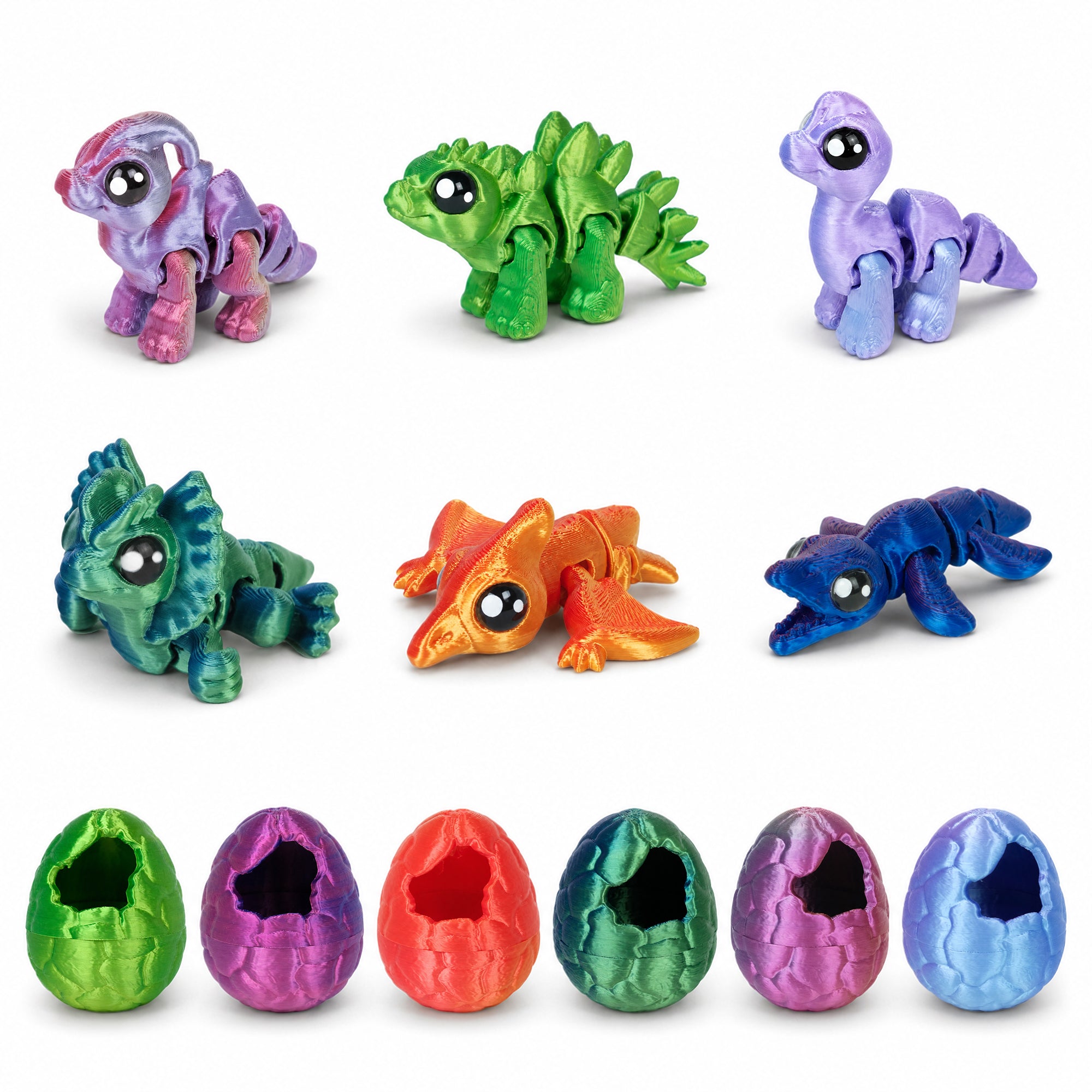 6PCS Dinosaures articulés imprimés 3D avec 6 oeufs de dinosaure ouverts Couleurs assorties