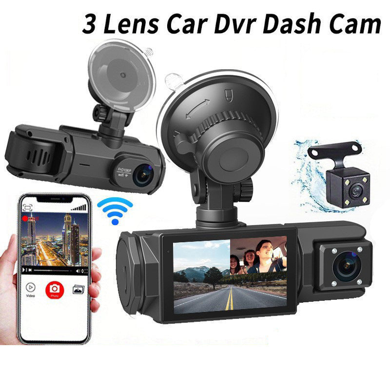 HD 1080p Enregistreur de conduite Trois lentilles Même affichage avec l'image réversible Téléphone mobile WIFI C