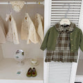 Petites filles Matcha Vert Plaid Vest Robe Et Set de Cardigan