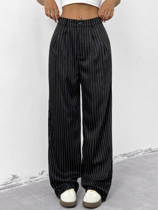 Madame Blue Striped European and American Casual Shimuting Loose Large-Leg Casual Pantalons Trou