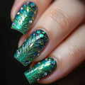 Peacock Green Square-Stone Medium Length Nail Tips