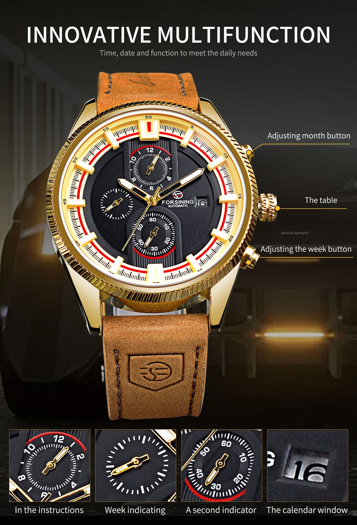 30 M Calendrier de la semaine homme étanche Montre mécanique automatique