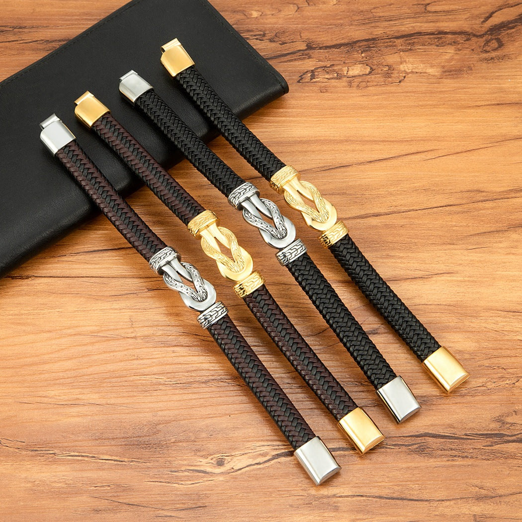 Bracelet en cuir tissé de café noir avec fermoir magnétique or et acier