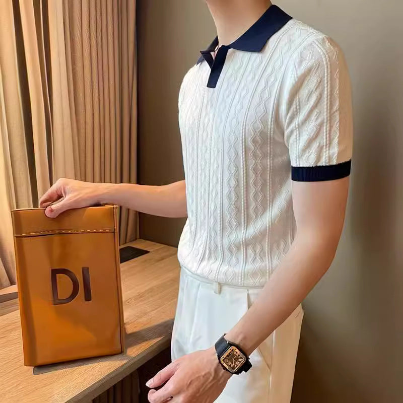 Trendy Polo Homme Chemise V Lapel Stretch Jacquard Texture Slim-fit à manches courtes tricoté vers