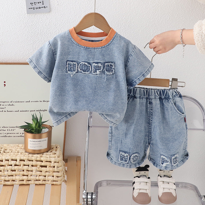 Kids' Thin Letter Print Denim Crewneck Short-Sleeve Set