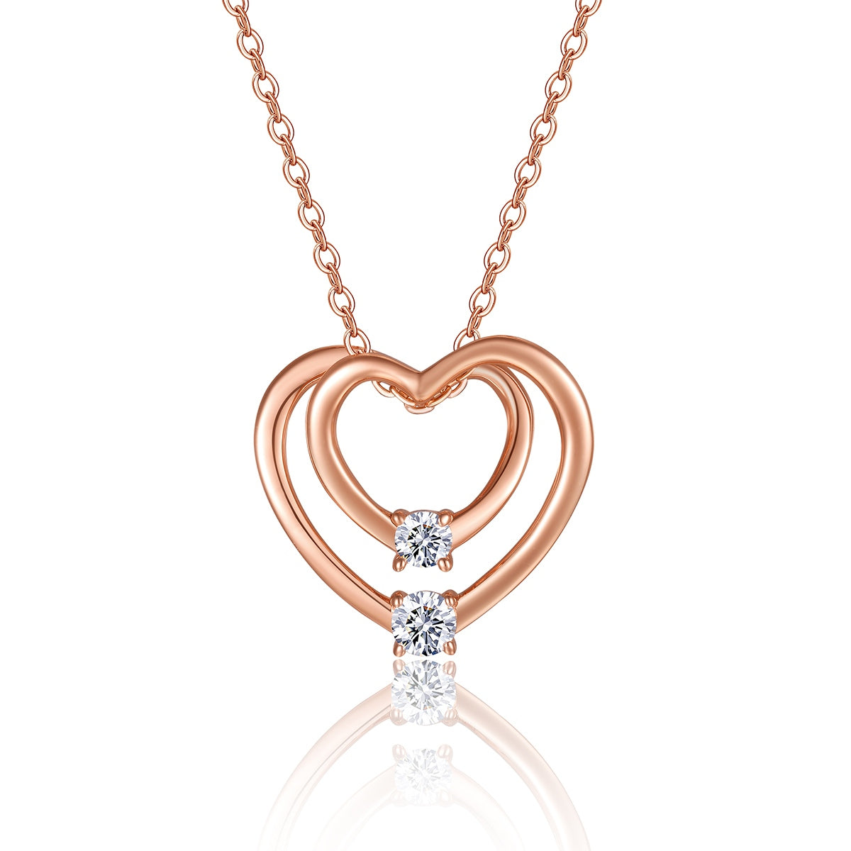 S925 Collier double coeur en or rose argent sterling