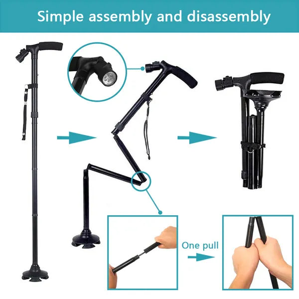 Bâton de marche LED Sécurité de la canne Tous les terrains pivotant Base pliant Cane Voyage