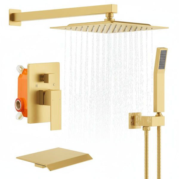 Système de douche de pluie Robinet de douche de baignoire en or brossé Set de douche de 10 pouces carré Rainfall