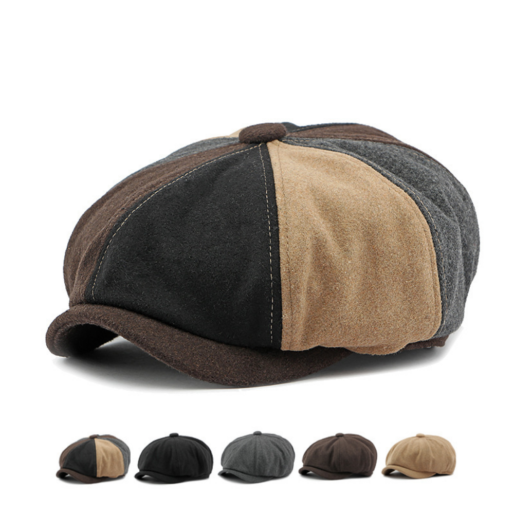 Rétro style britannique Octagonal Newsboy Cap avec un patchwork court Brimmed Tweed Fedora Hat