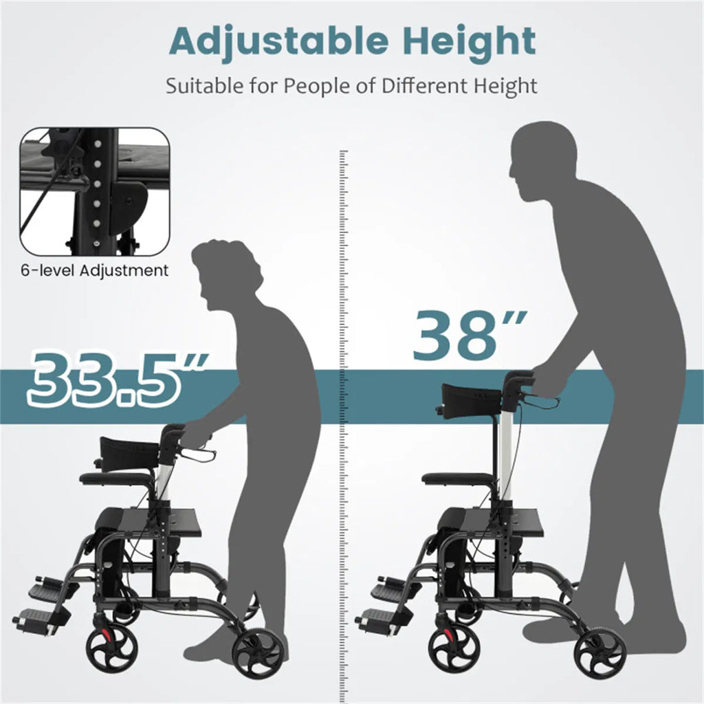 2-en-1 Walker roulant et fauteuil roulant (300lbs): poignées réglables à 6 niveaux