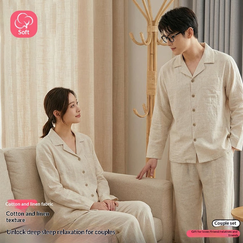 Pyjama en lin et coton uni pour couple, printemps et automne
