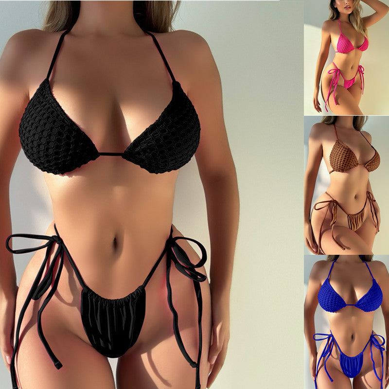 Maillot de bain bi-pièce Jacquard pour femme en couleur unie avec pinces à cravate