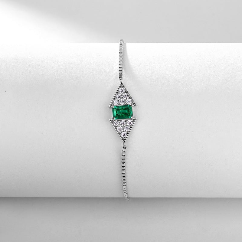 S925 Argent Sterling Rectangle 6x4mm Lab-Grown Emerald Ruby Bracelet 22cm Slider Adjustabl