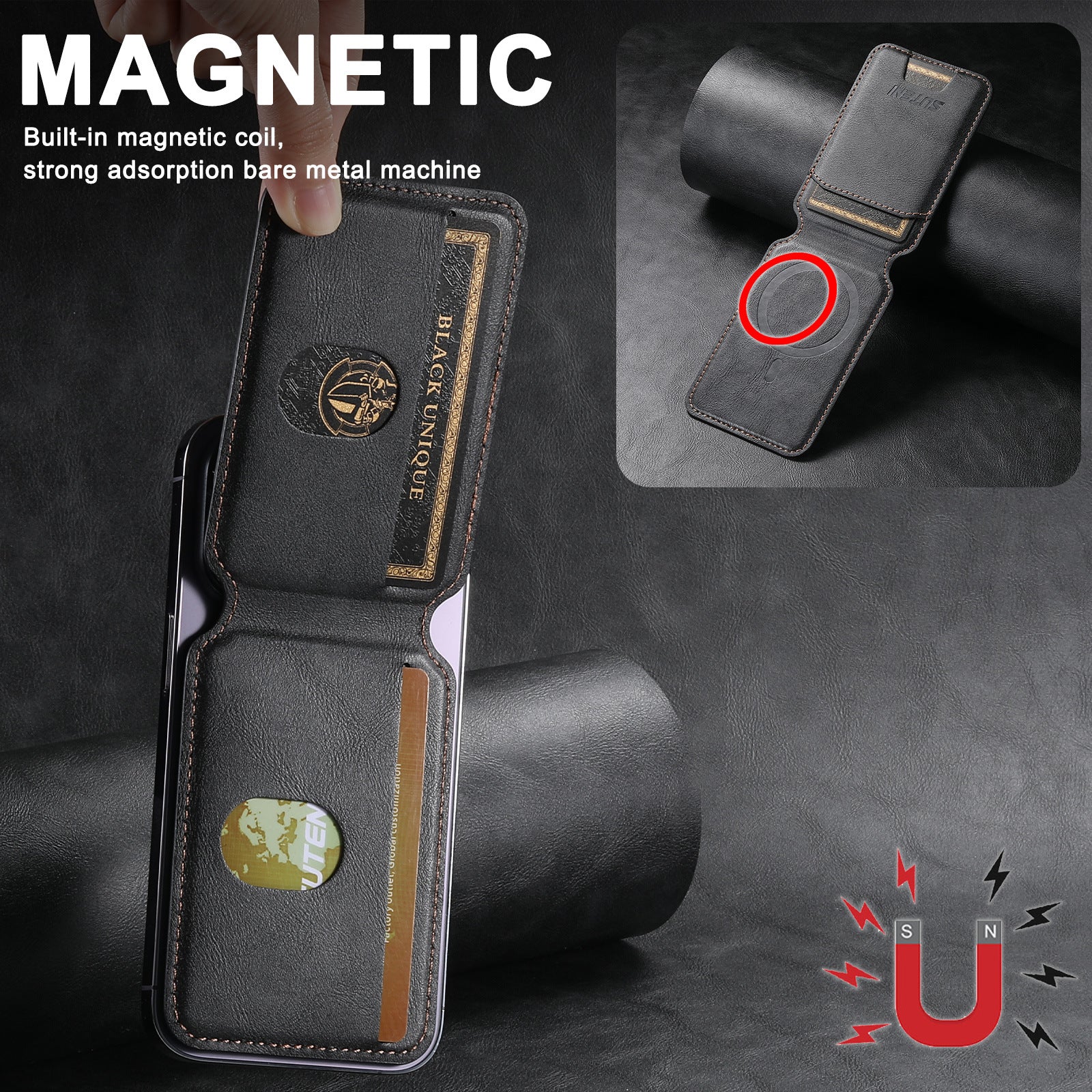 Support de carte magnétique pour téléphone universel Android MagSafe Magnetic Ring PU Leather